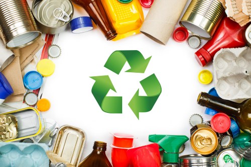 A collection of various discarded packaging materials including aluminium cans, glass bottles, plastic containers, cardboard tubes, and paper waste arranged in a circular pattern around a central green recycling symbol. The aluminium cans are metallic with ridged surfaces, some crumpled, with colours like silver, red, and blue. Clear glass bottles with caps are positioned on the right, displaying shades of brown, green, and clear, some with labels or openings visible. Plastic bottles and containers in yellow, green, and red are scattered throughout, with some partially crushed. Cardboard tubes and brown paper waste are placed on the left, showing textured brown surfaces. The background is plain white, emphasizing the waste materials and the recycling symbol, conveying the importance of rubbish segregation and recycling—topics relevant to commercial waste removal services in Islington.
